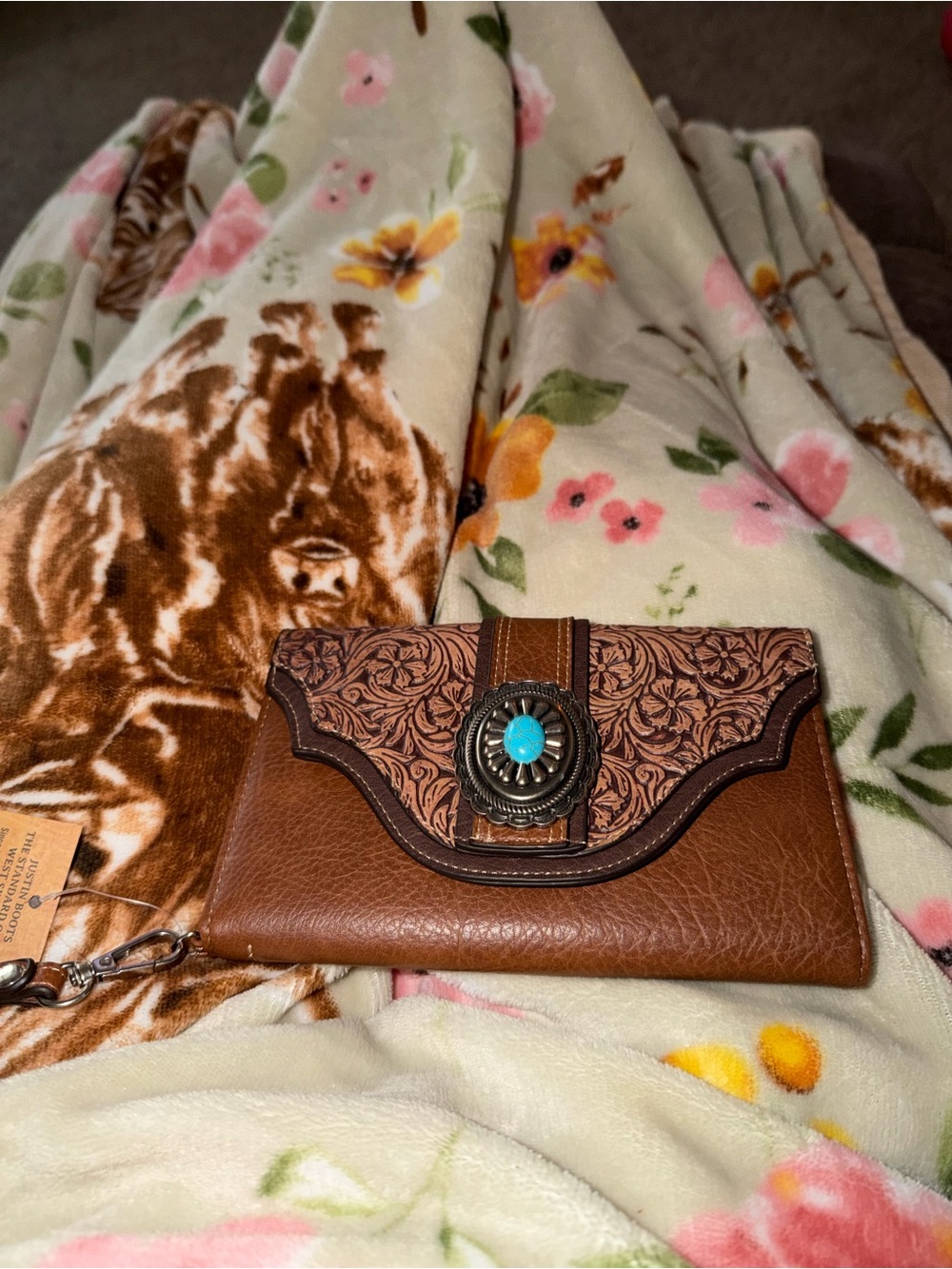 Justin  Western Tooled Wallet Clutch with Turquoise Accent